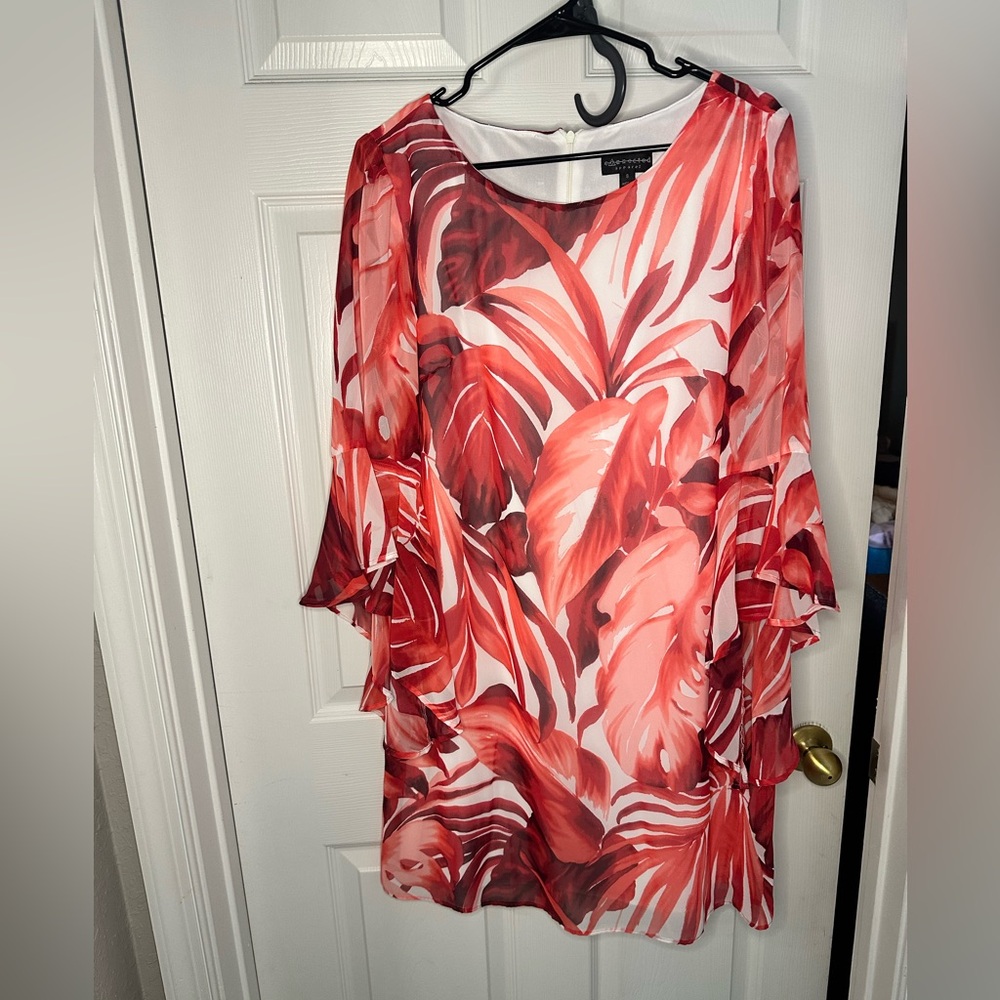 Connected Apparel red and white floral dress with three quarter flutter sleeve